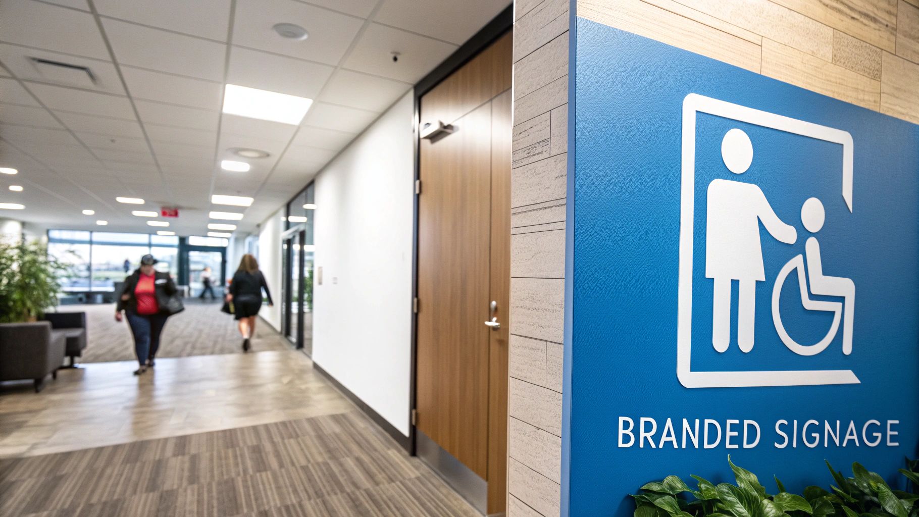 A collection of custom, branded ADA compliant signs in various colors and materials, showing how compliance and design can work together.