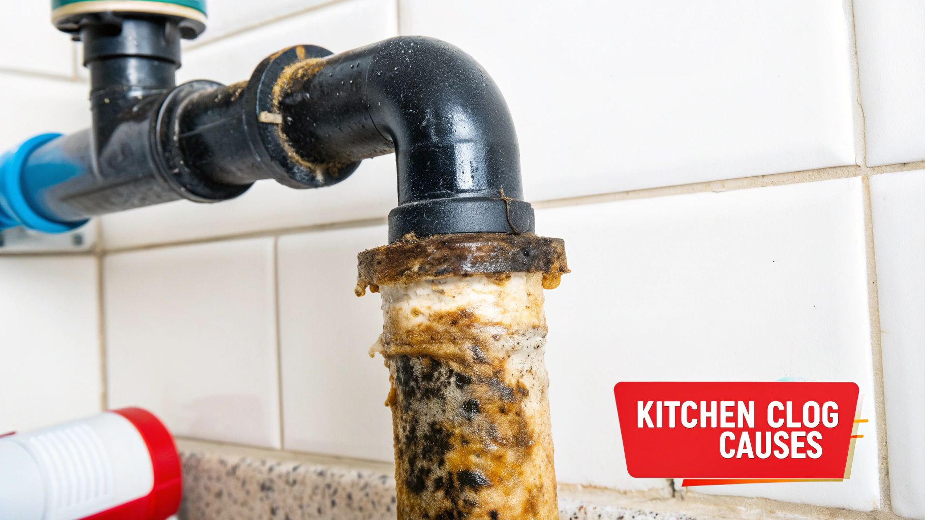 A close-up view of a clogged kitchen sink with dirty water and food debris.