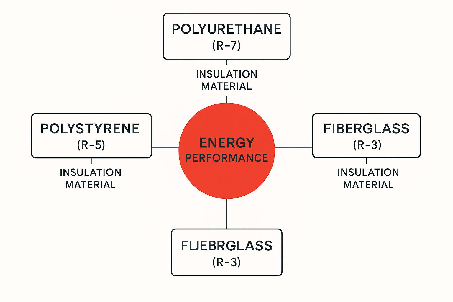 Infographic illustrating the energy performance of Polyurethane, Polystyrene, and Fiberglass insulation in garage doors.