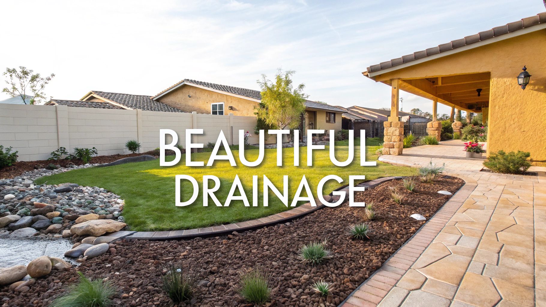 A beautifully landscaped dry creek bed with river rocks and plants, serving as a drainage solution.