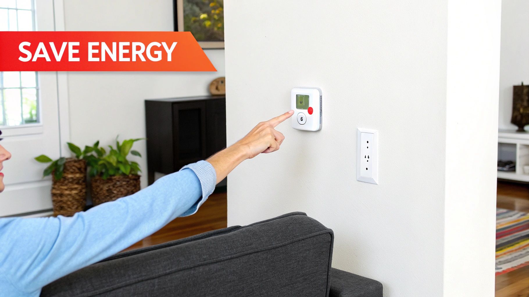 A modern thermostat on a wall displaying temperature and settings.