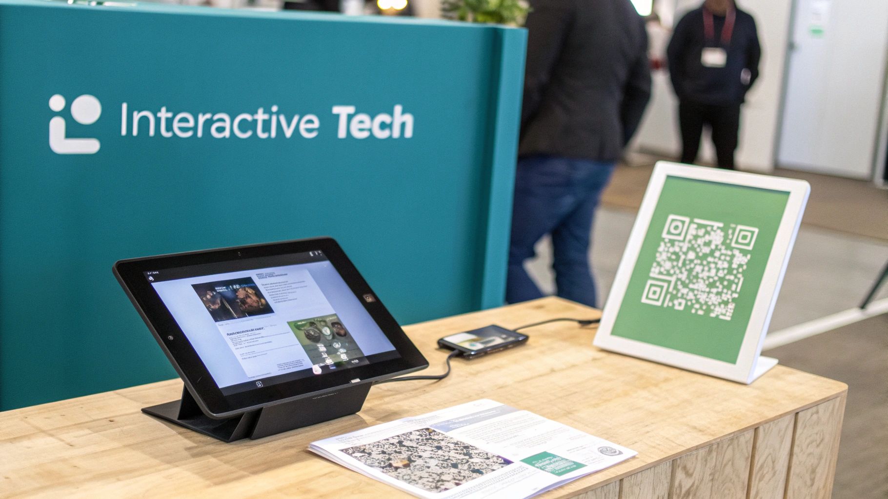 A tabletop display featuring a tablet for interactive demos.