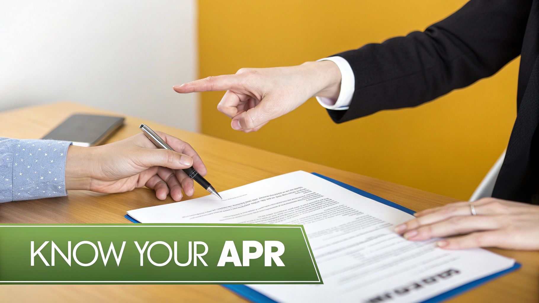 A person signing financing paperwork at a desk with a car key and a small model car nearby.