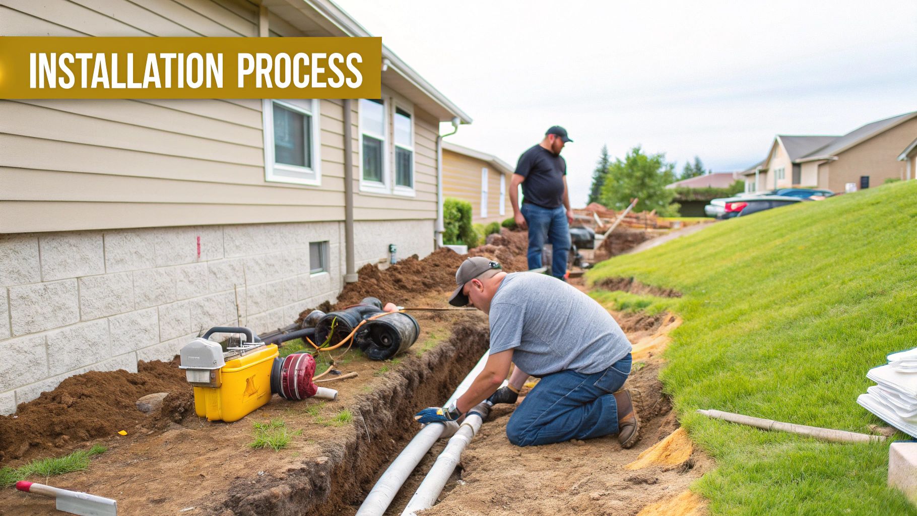 Professional landscapers carefully installing a drainage system in a residential yard.
