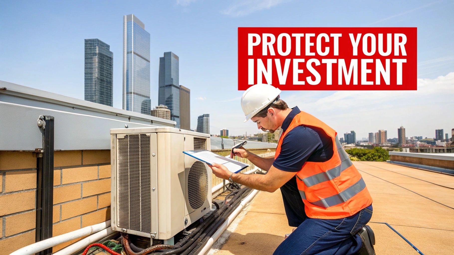 A technician in uniform installing a commercial air conditioning unit on a rooftop.