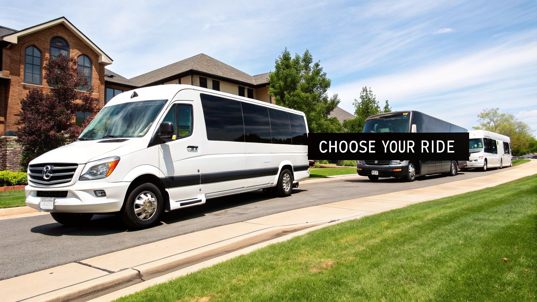 Several luxury shuttle buses parked in a row, ready for a group transportation service.