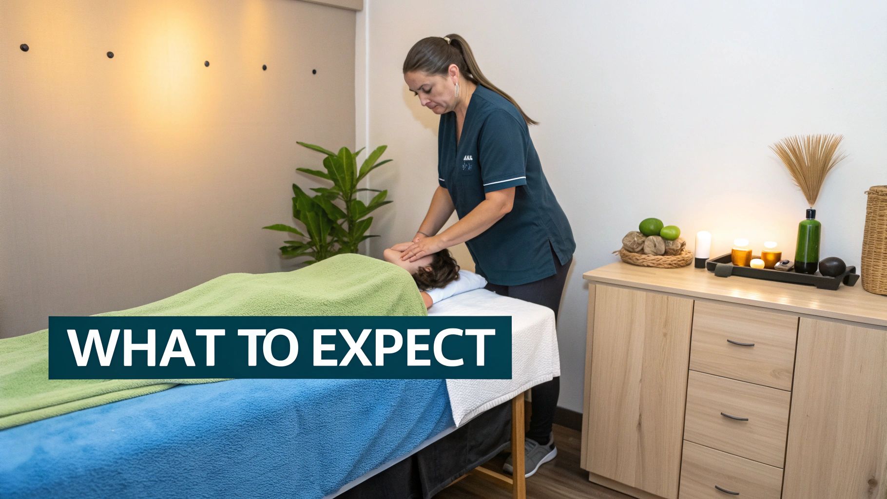 A client relaxes on a massage table during a Reiki session in a peaceful spa room.