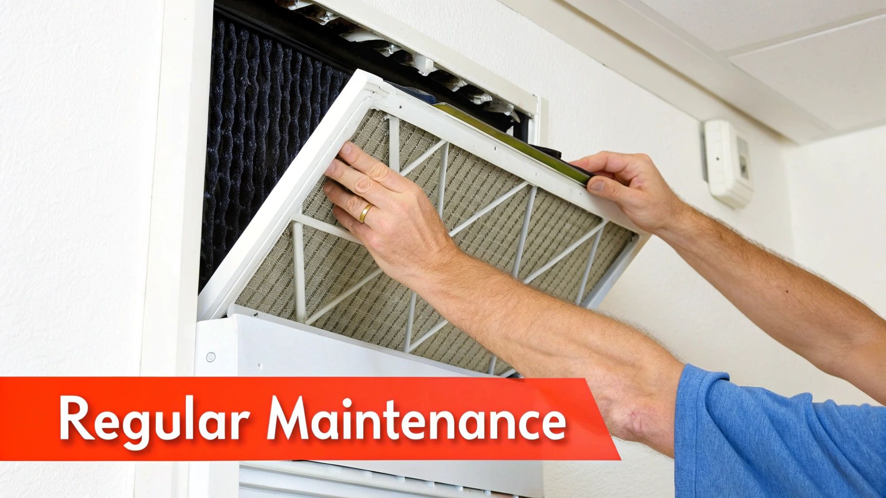 A technician kneels to inspect an open furnace unit.