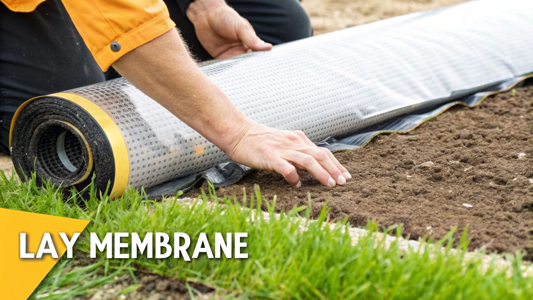 An array of tools and materials for astroturf installation neatly laid out on the ground.