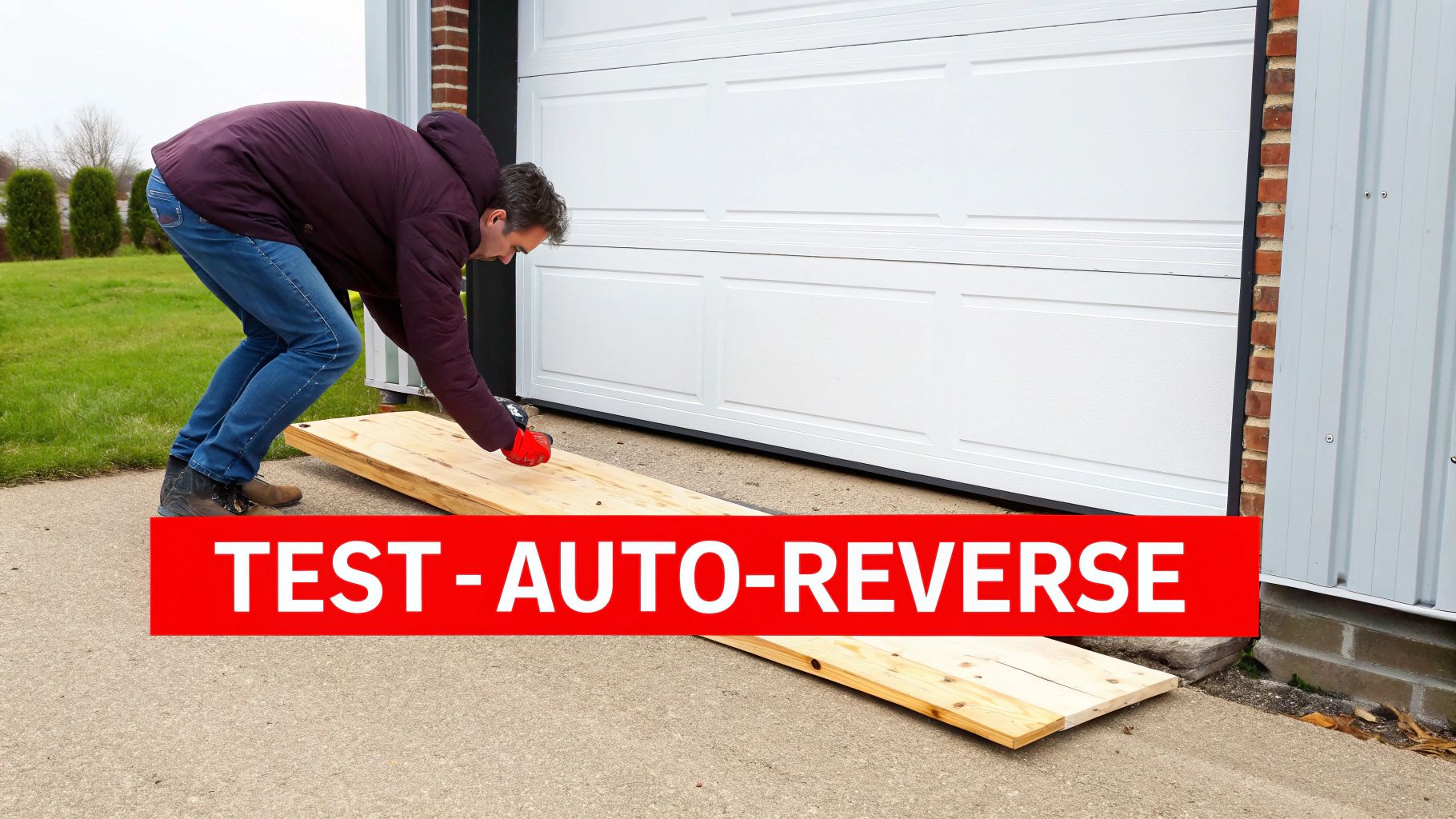 A close-up of a photoelectric safety sensor mounted near the bottom of a garage door track.