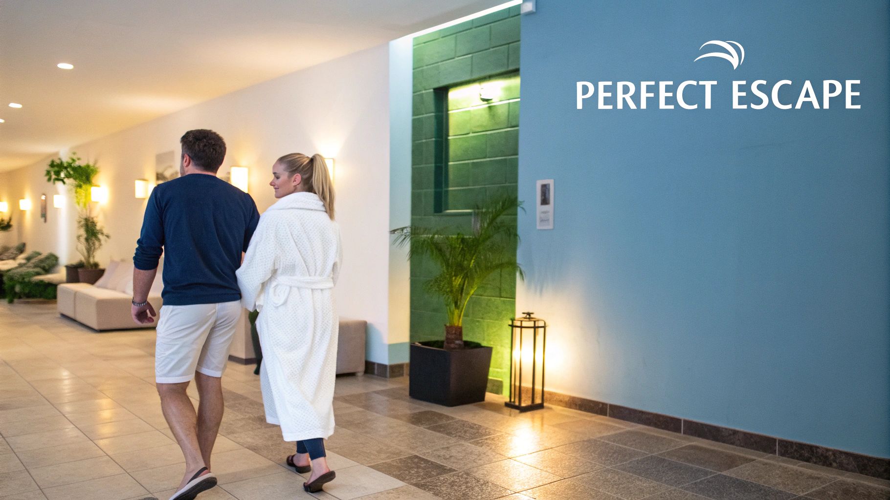 A couple relaxing side-by-side during a couples massage at a luxury spa.