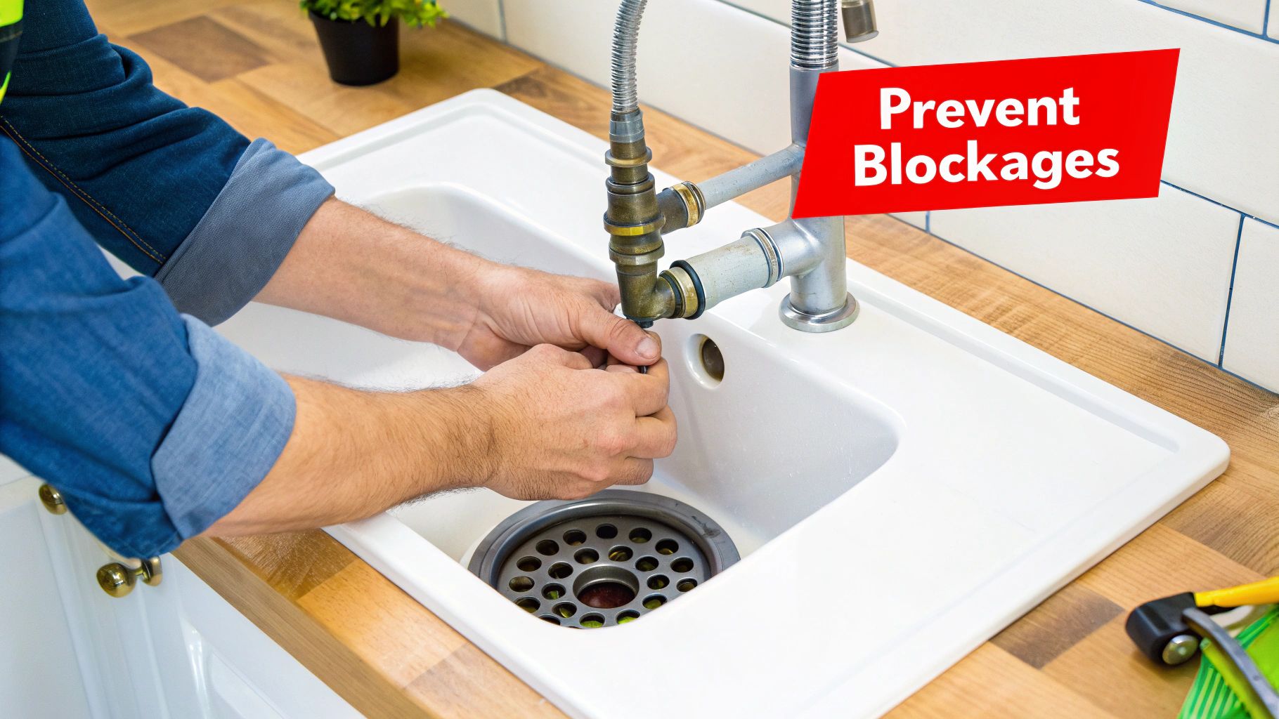 Technician using modern drain cleaning equipment