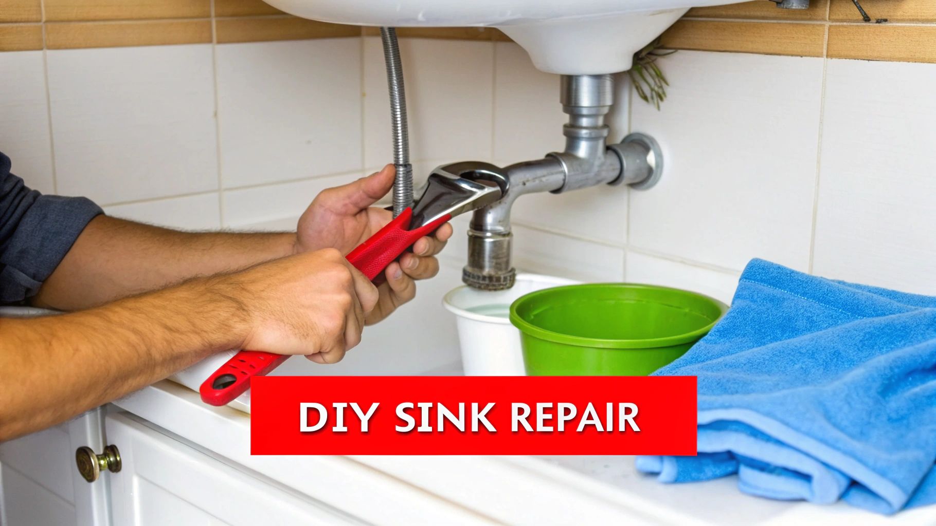 Close-up of hands using a wrench to tighten a P-trap under a kitchen sink.