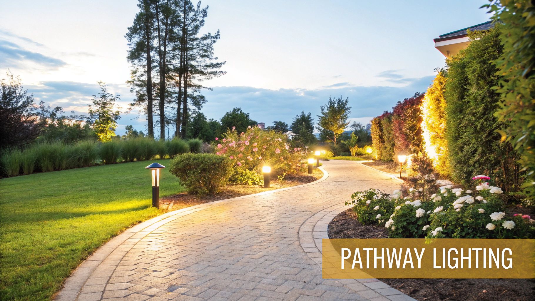 A well-lit stone pathway at dusk, with low-level lighting fixtures casting a warm glow on the walkway and surrounding foliage.