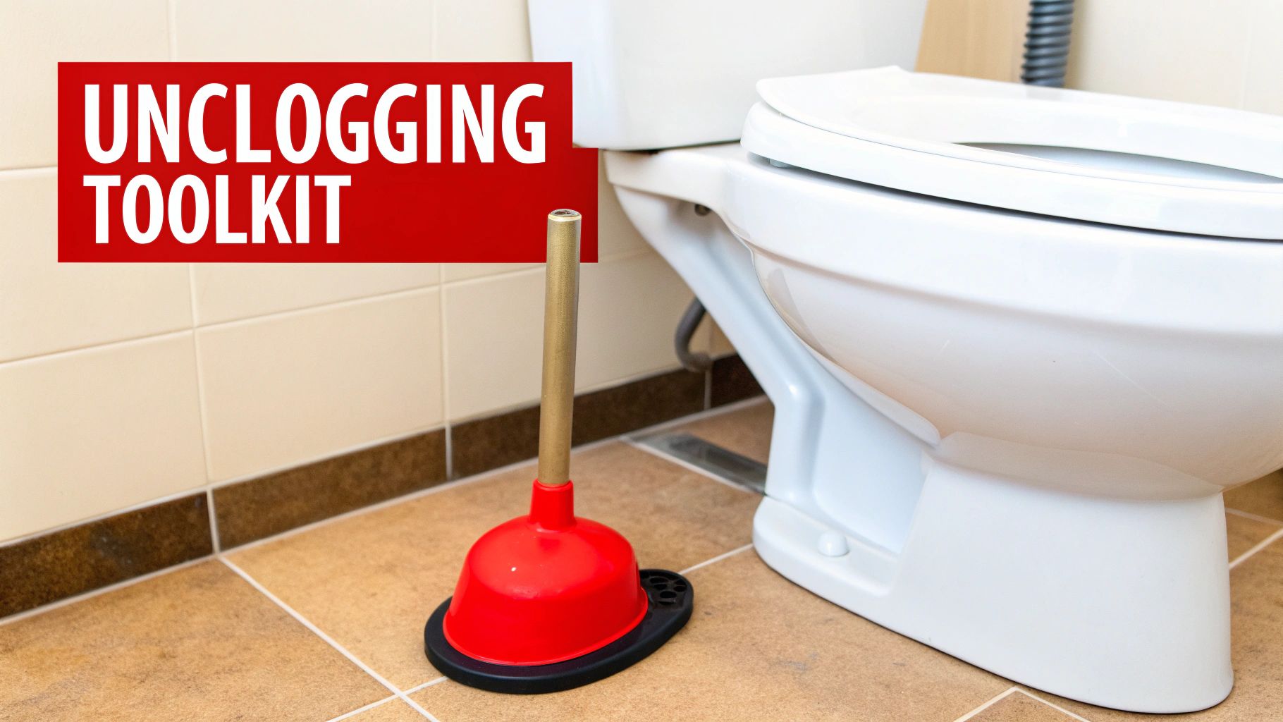 A collection of plumbing tools including a plunger and an auger