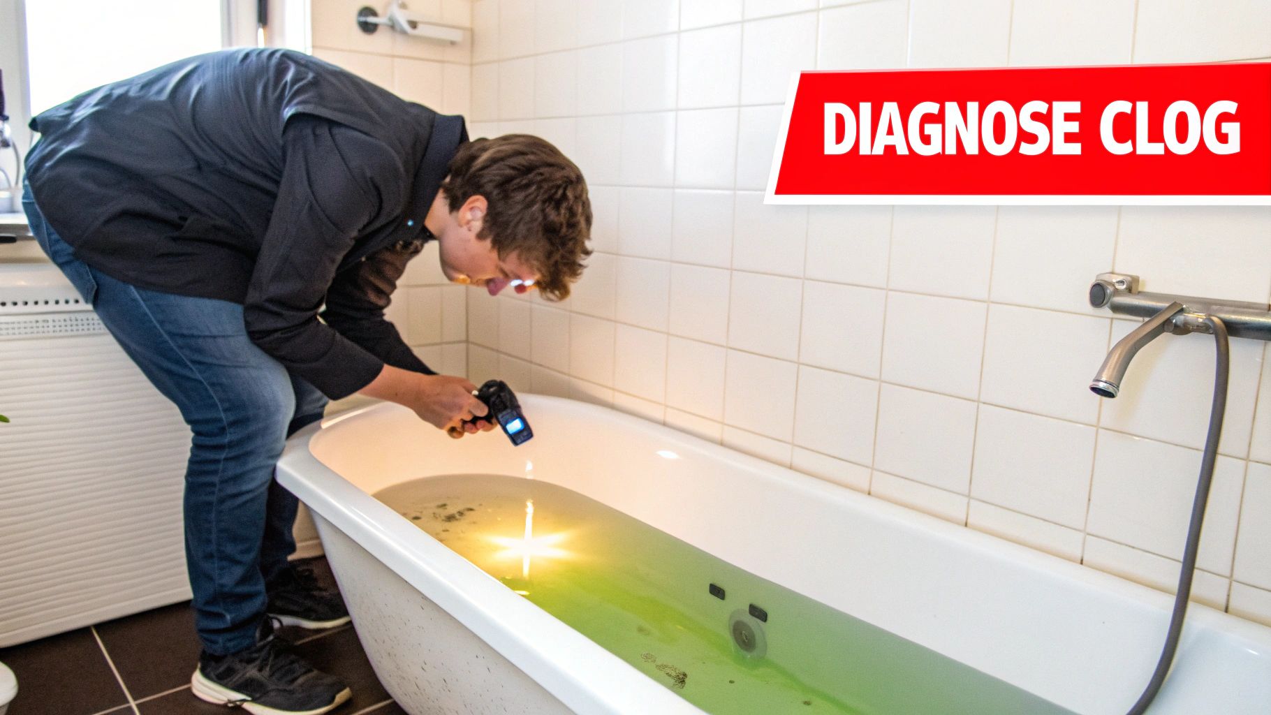 A clean, modern bathtub with a sleek drain, representing the goal of a clear drain.