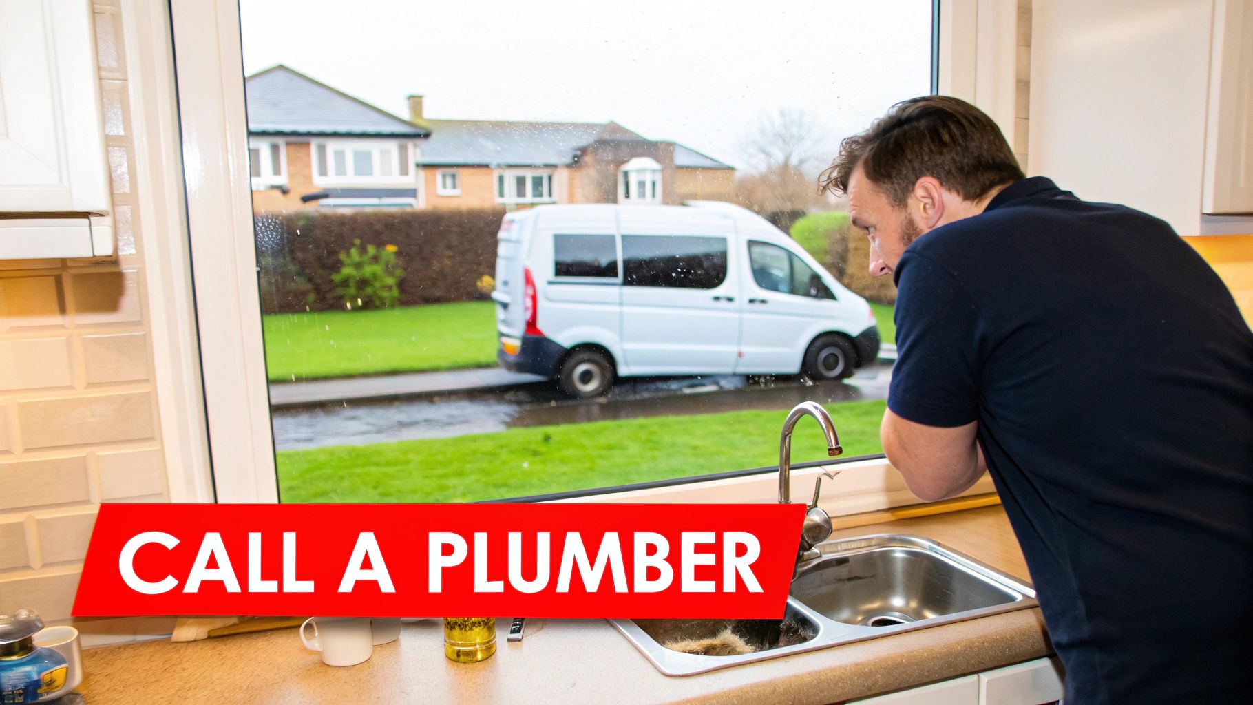 A professional plumber in uniform using tools to inspect a kitchen sink.