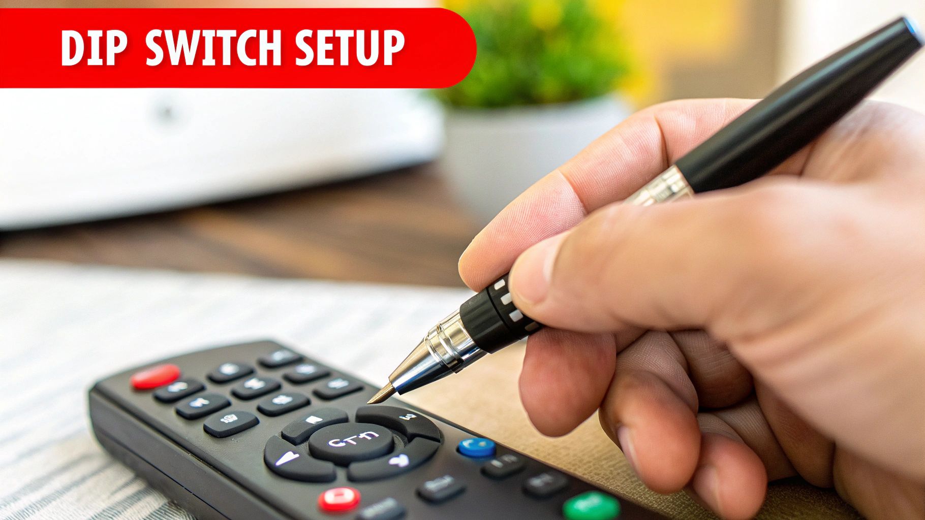 A close-up of a garage door opener's DIP switches inside the remote.