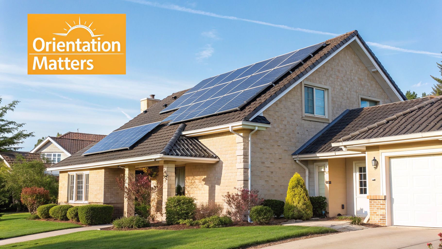 A rooftop solar panel installation under a clear blue sky, showing the panels facing one direction to capture sunlight.