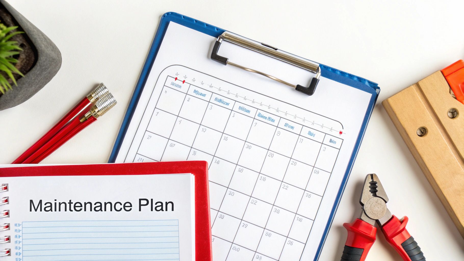 A technician reviewing a preventive maintenance checklist on a tablet in front of a commercial garage door.