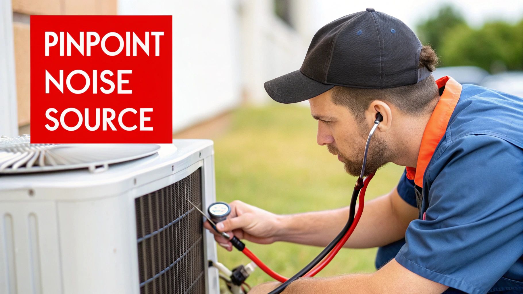Technician inspecting a commercial HVAC unit with diagnostic tools.