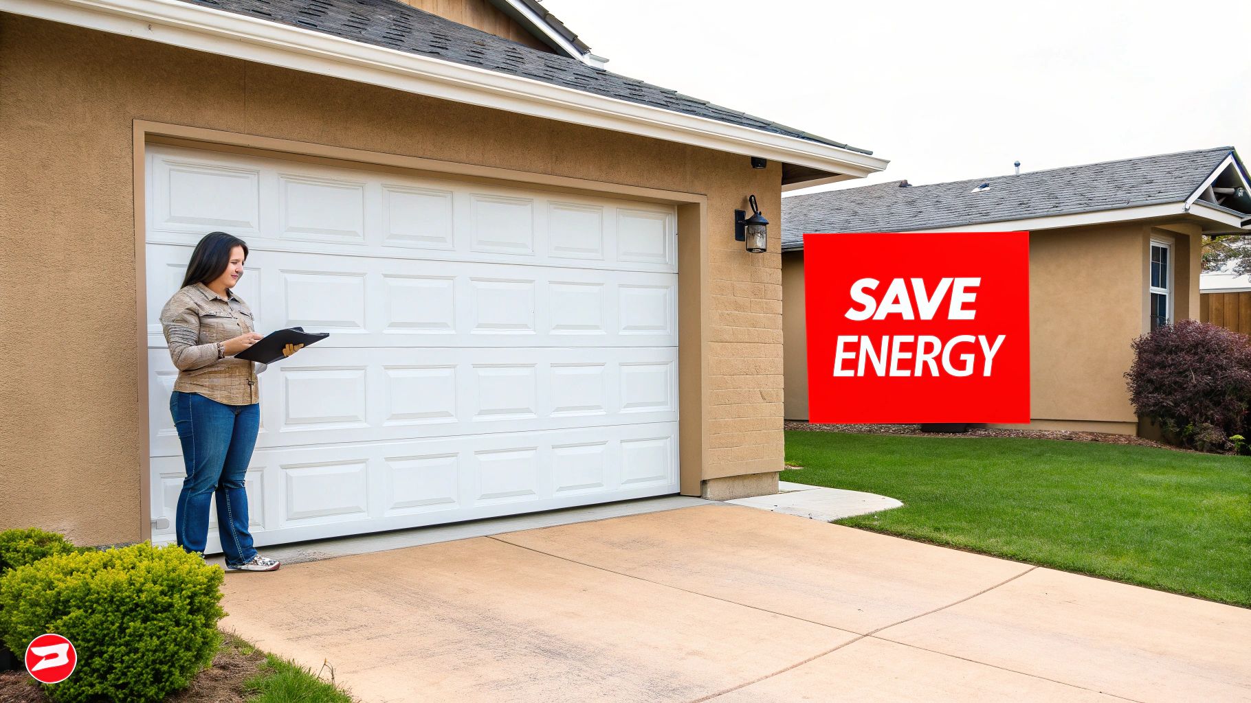 A clean, well-organized residential garage with a grey floor and a modern, insulated garage door, hinting at winter preparedness.