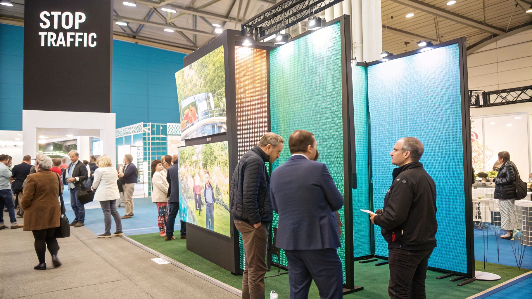 A modern and inviting conference display booth with engaging lighting and graphics.
