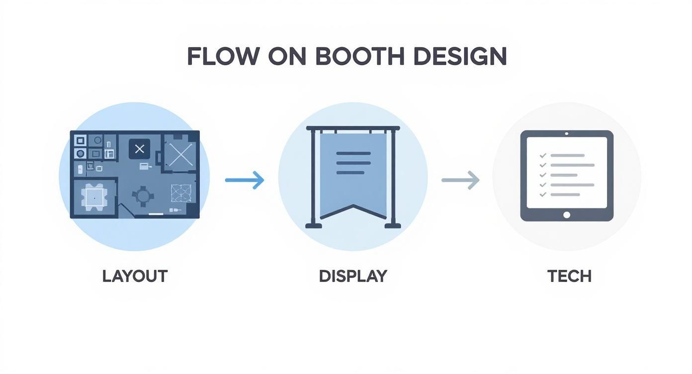 Infographic showing the process flow of booth design, from layout and display to integrated technology.