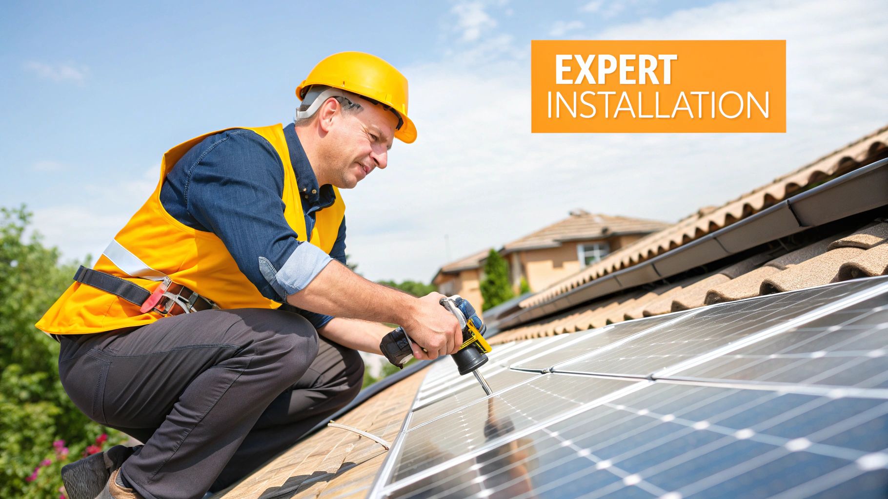 A professional installer in safety gear adjusting a commercial solar panel on a rooftop in New York.
