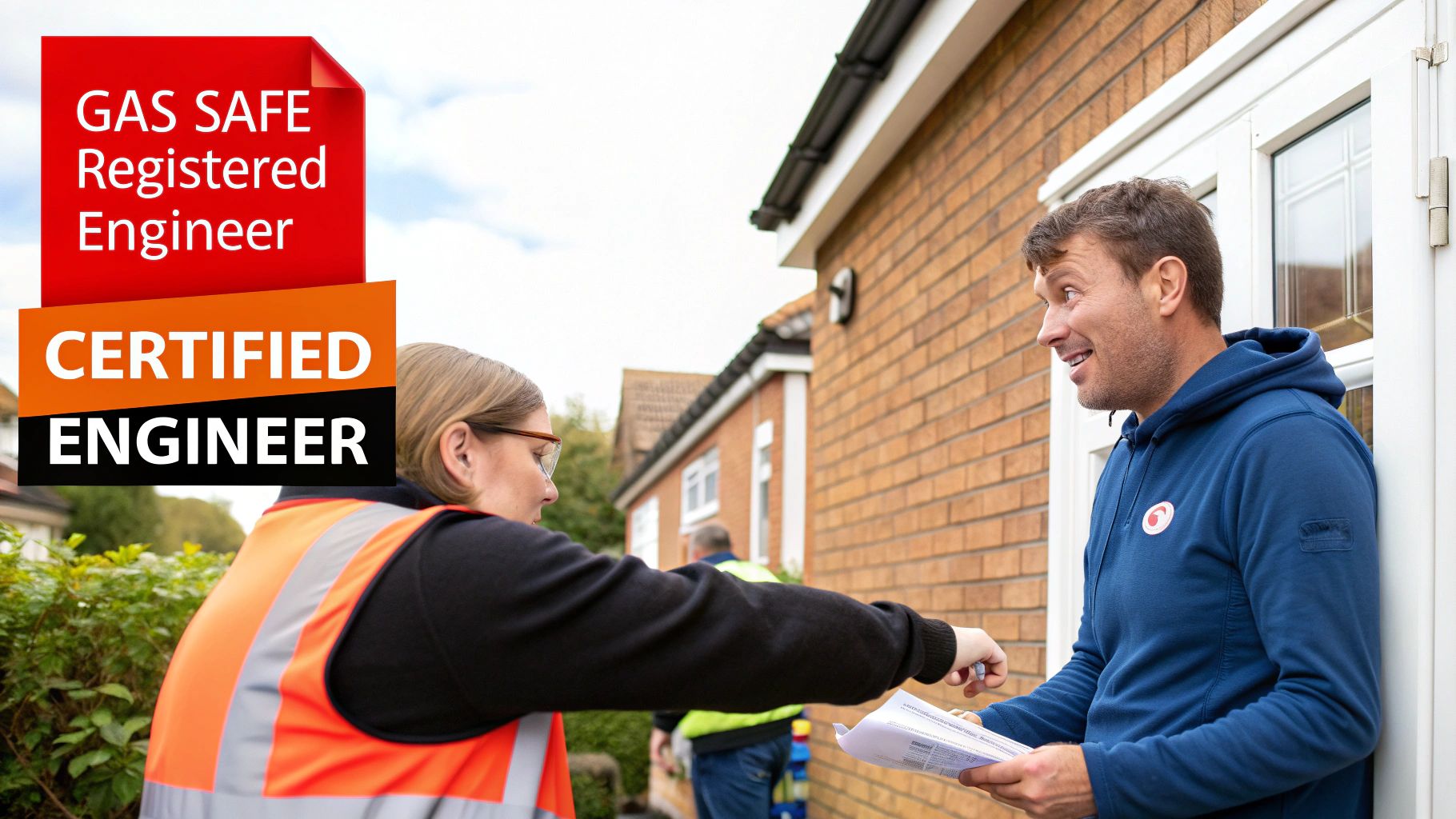 A homeowner shaking hands with a qualified engineer after servicing a gas boiler