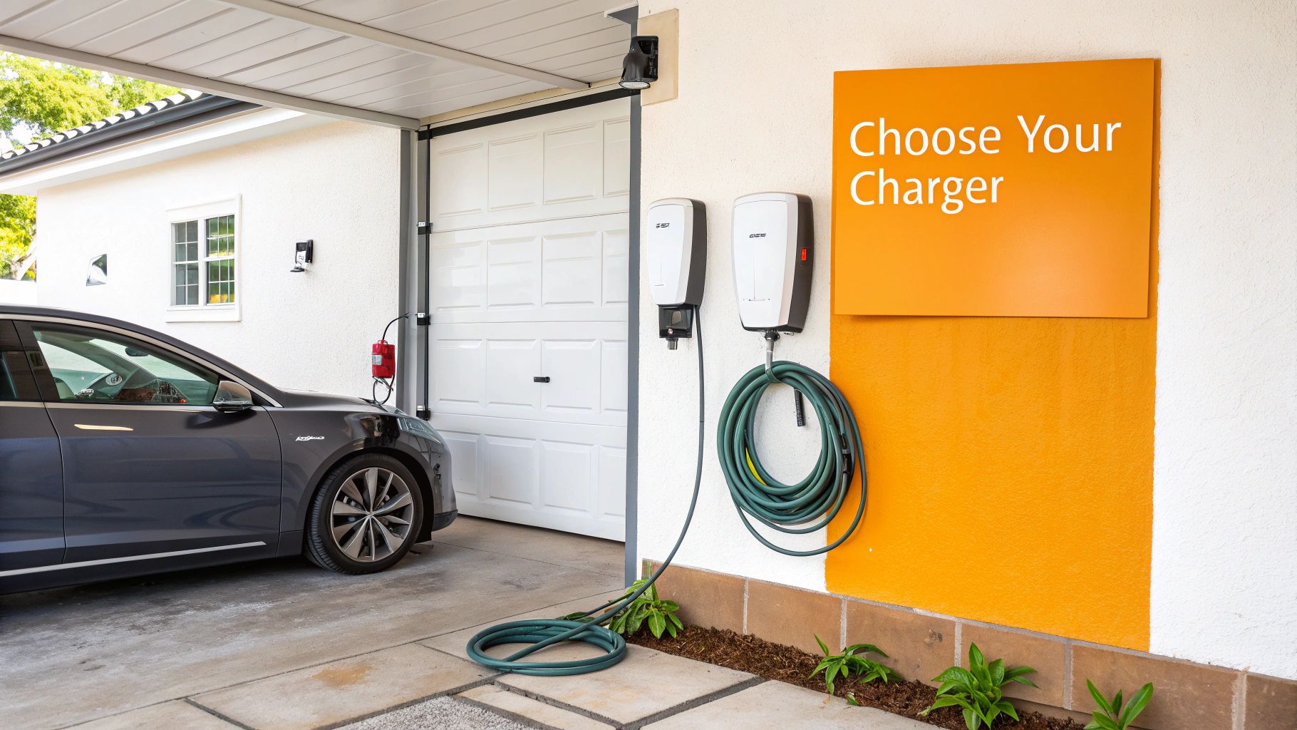 A Tesla Wall Connector mounted on a residential garage wall, with the charging cable neatly hung.