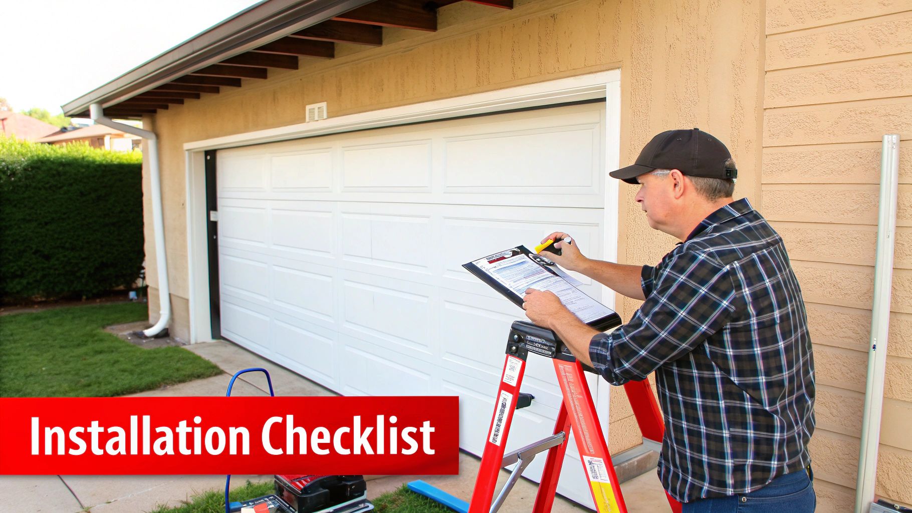 Technician installing a garage door opener motor with a battery backup.