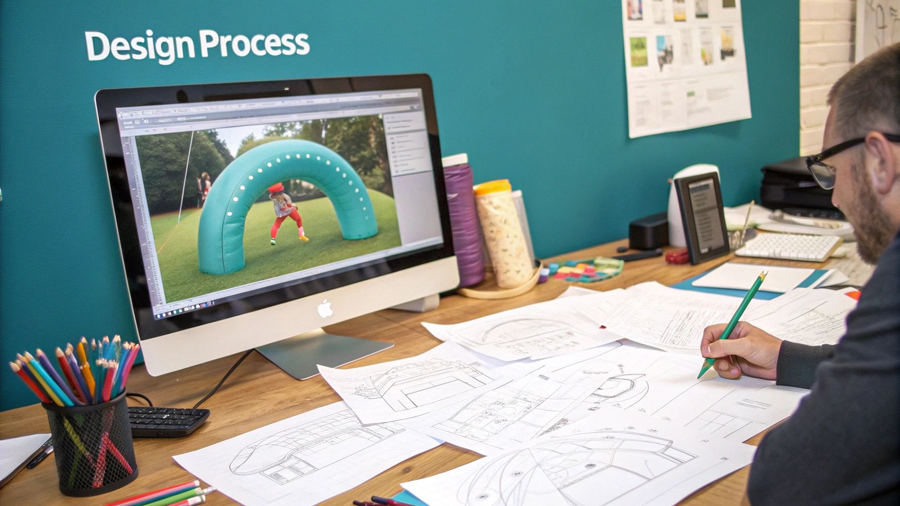 A person inspecting a detailed, custom-printed inflatable arch before an event.