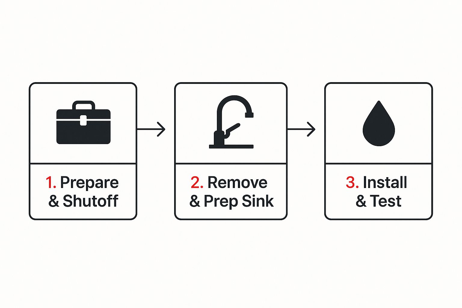 Infographic showing three steps for faucet installation: Prepare & Shutoff, Remove & Prep Sink, and Install & Test.