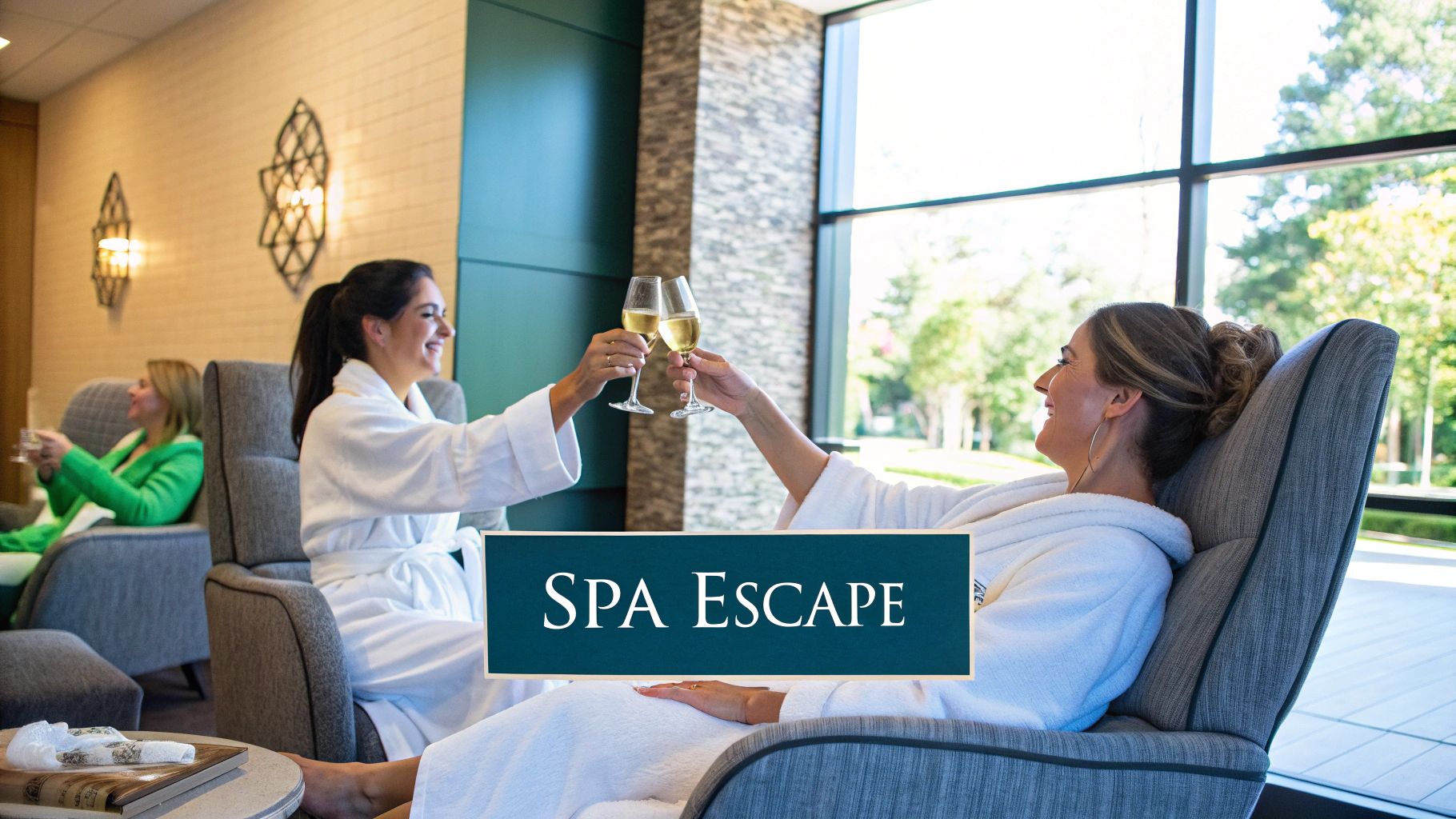A bride and her bridesmaids relaxing in white spa robes, smiling together.