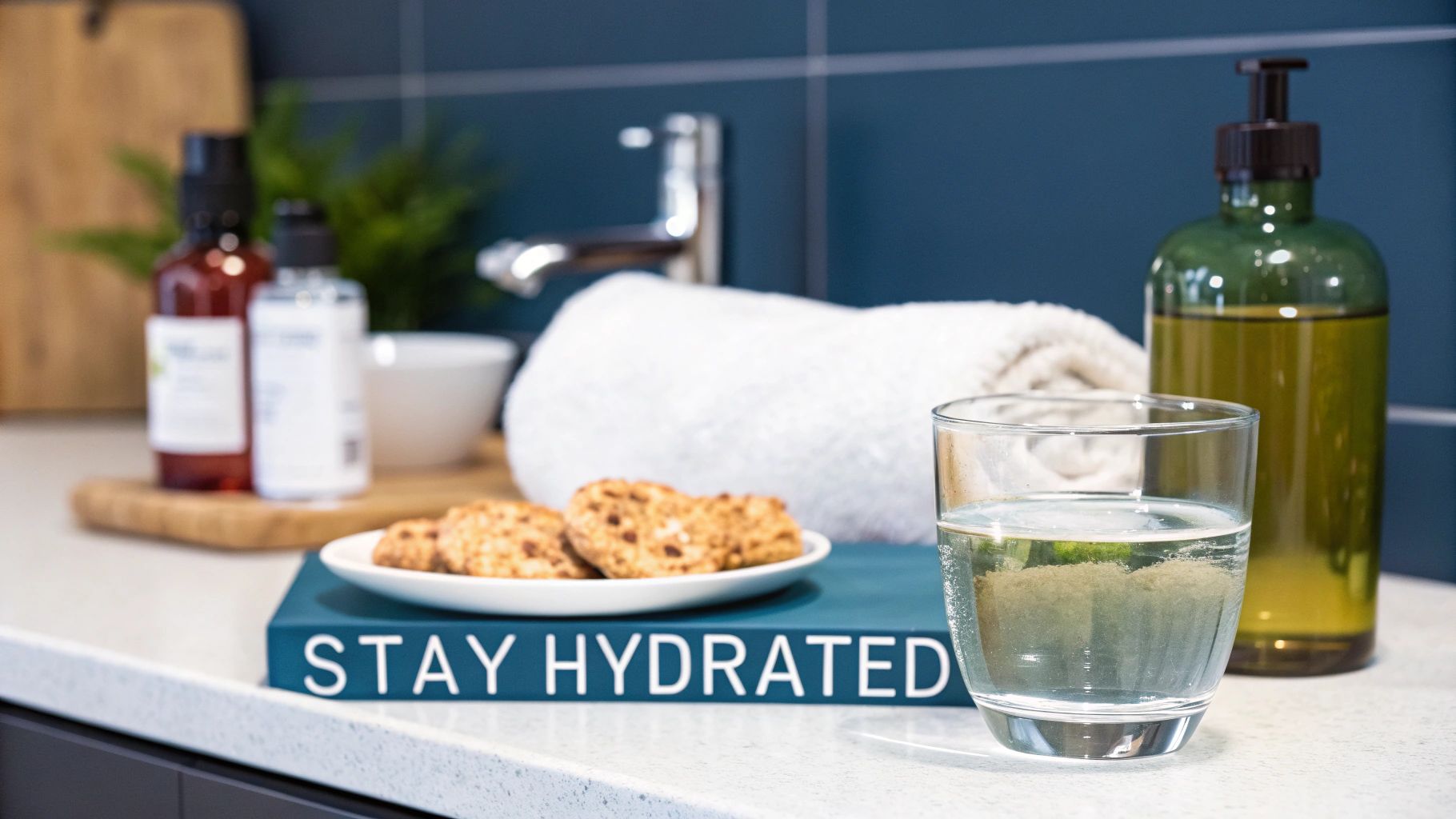 A serene spa setting with neatly folded towels and a glass of water