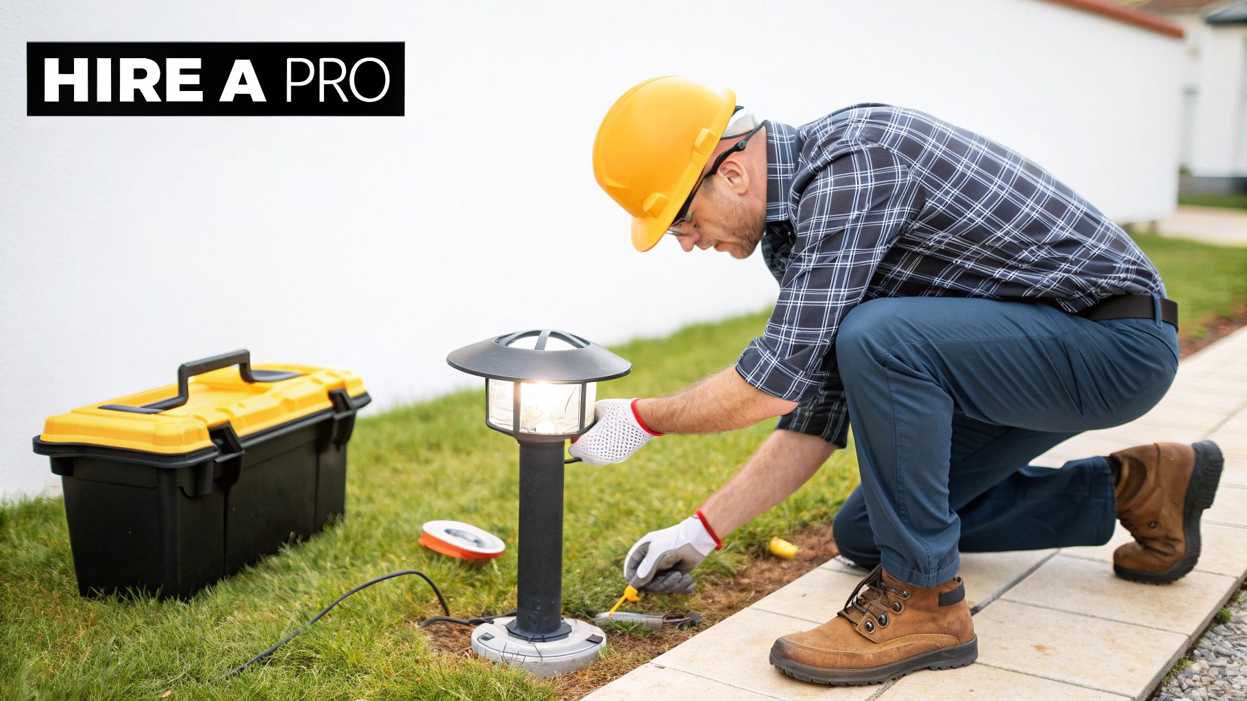 A professionally lit pathway with subtle, warm lighting fixtures highlighting the stone and surrounding plants.