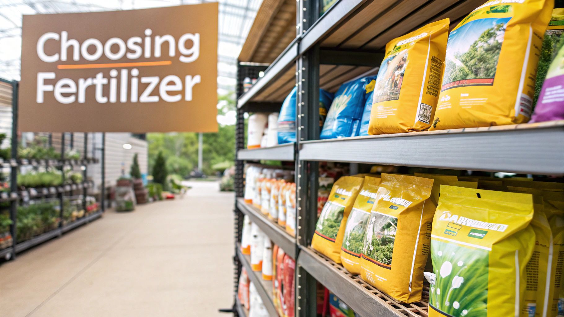 Bags of lawn fertilizer on a shelf in a garden store.