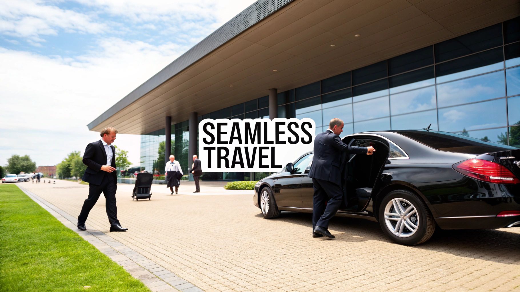 Business executive working on a laptop in the back of a luxury corporate car.