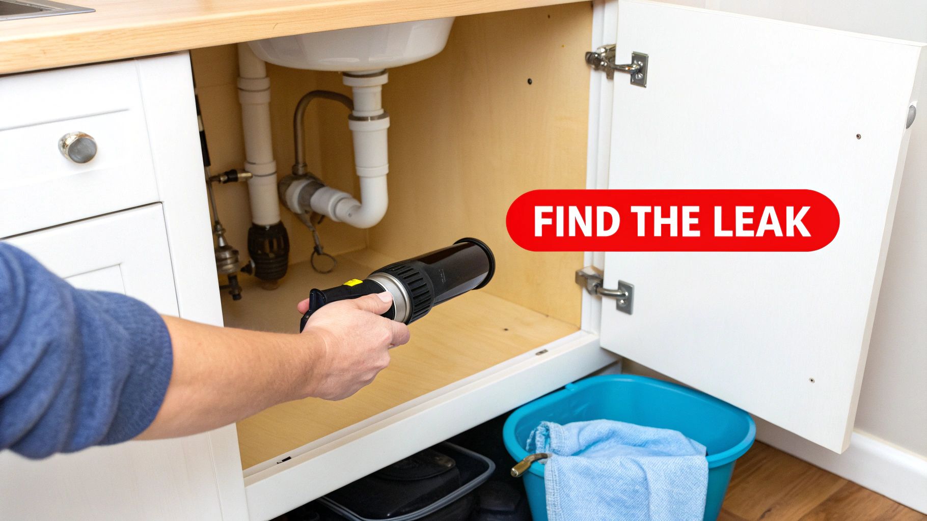 A person inspecting the plumbing underneath a kitchen sink with a flashlight.