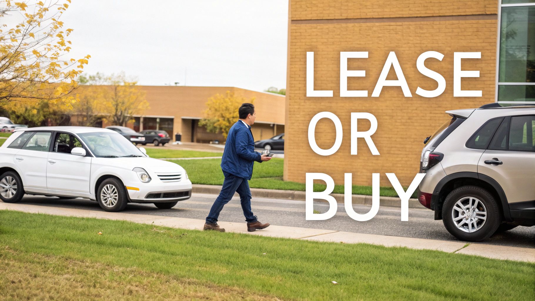 A person at a crossroads, with one path showing a new leased car and the other showing a purchased car.