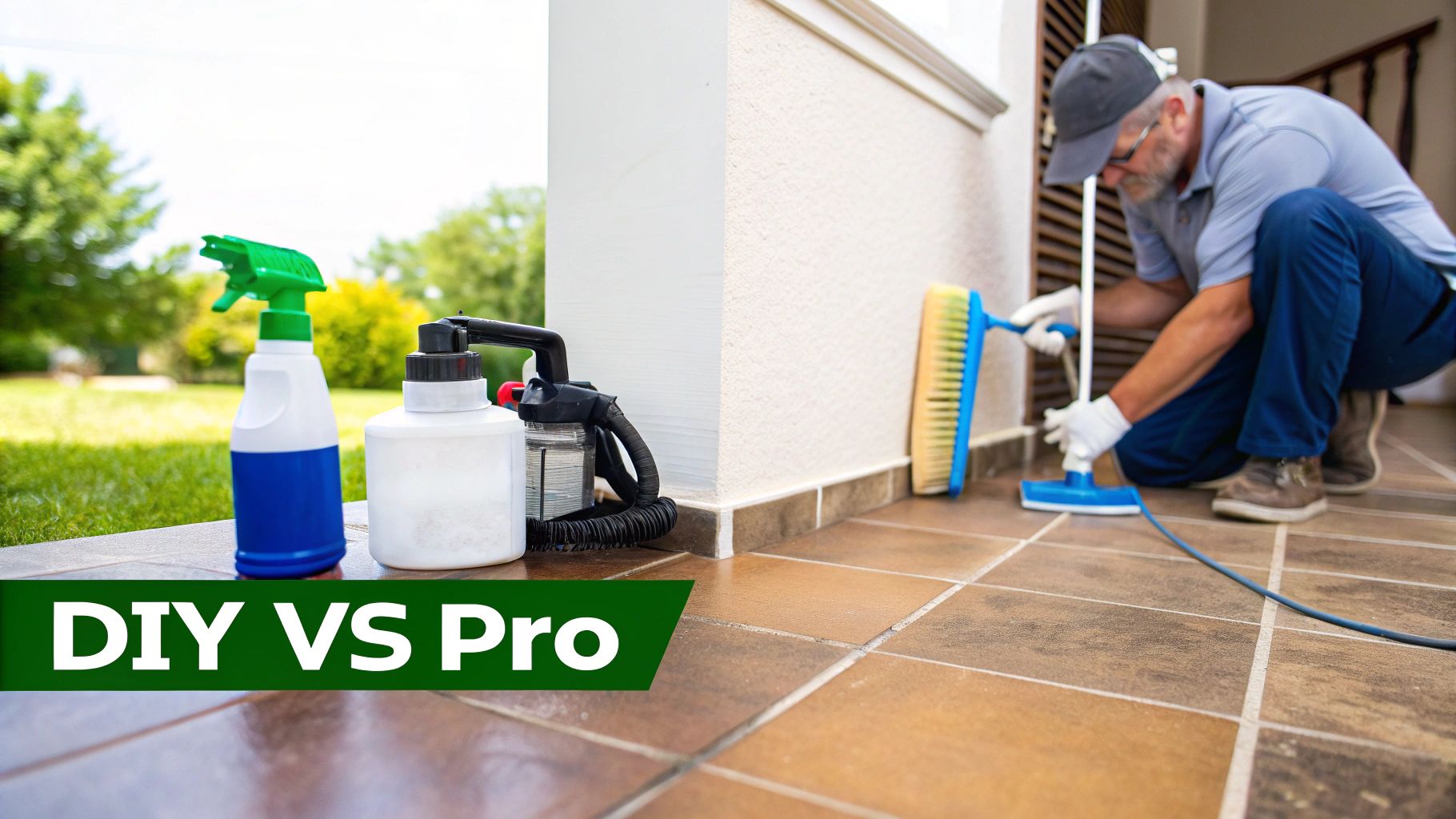 A professional technician from Peace Frog Specialty Cleaning using commercial-grade equipment to deep clean a tile floor.