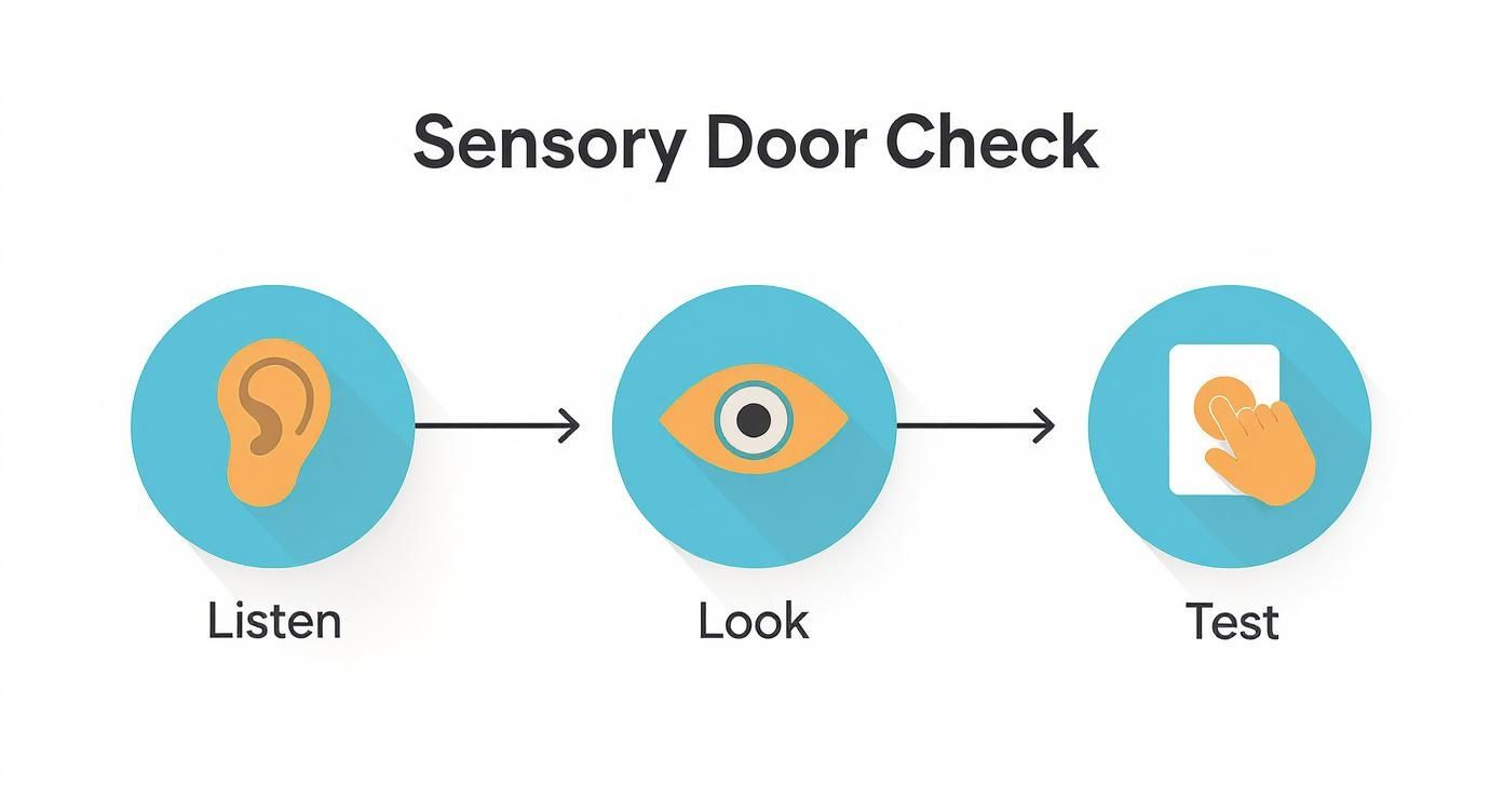 Infographic showing a process flow for a sensory door check with icons for Listen, Look, and Test.