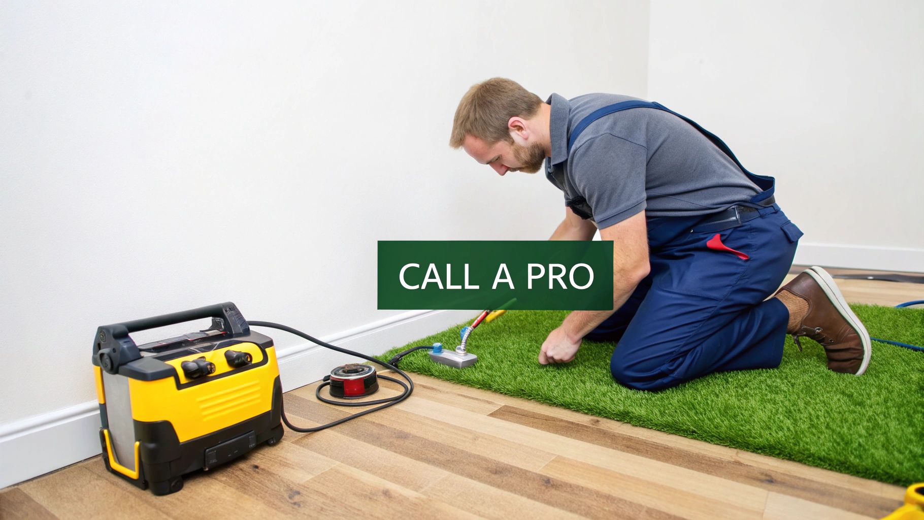A professional carpet cleaner using a steam wand on a living room carpet.