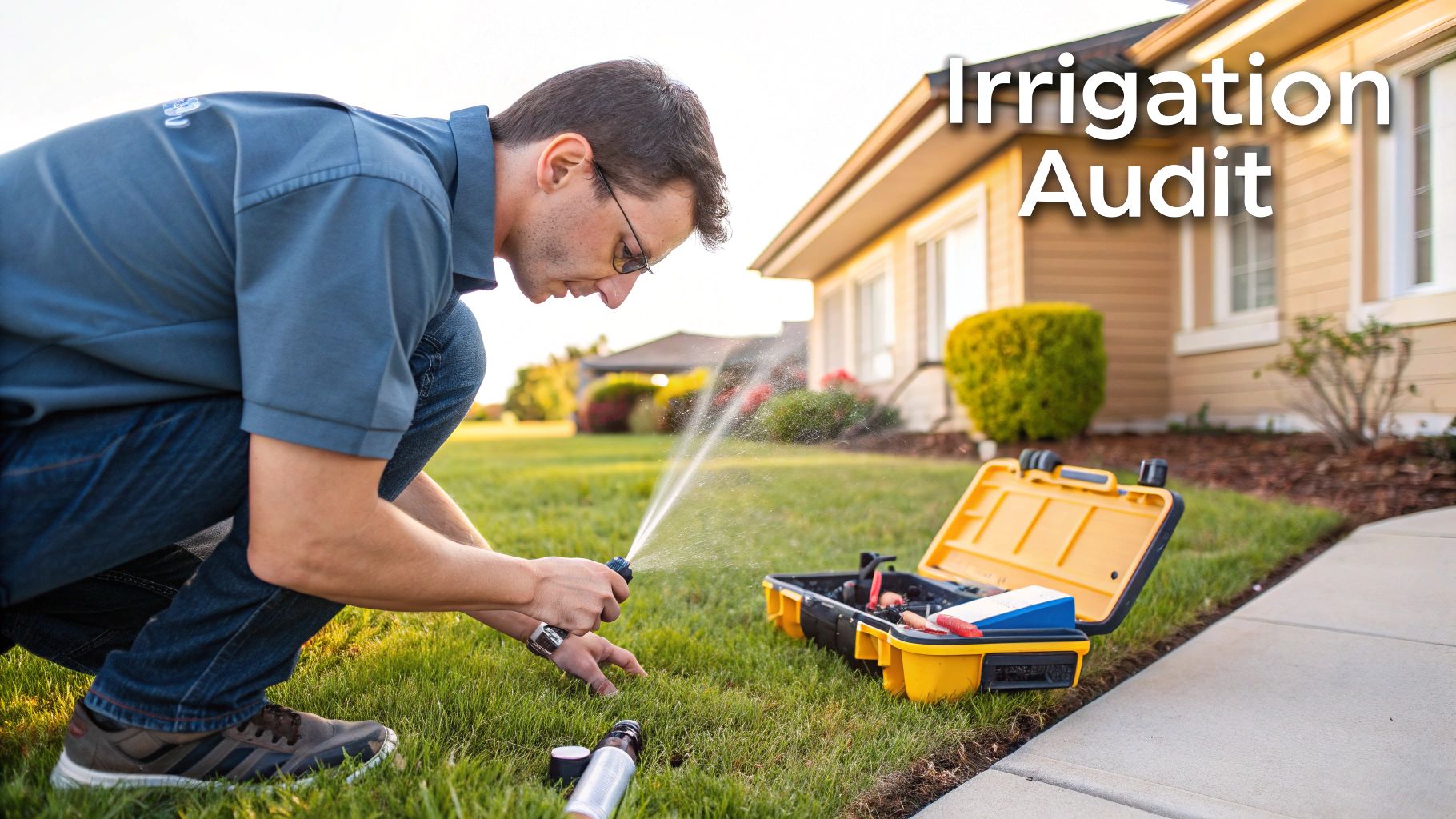 A uniformed Fischer Landscaping technician adjusting a sprinkler head in a lush, green lawn.