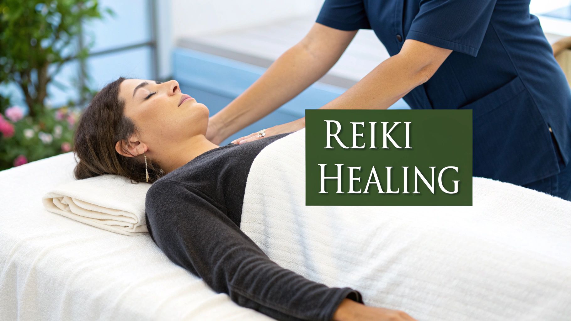 A person receiving Reiki healing in a calm spa setting.