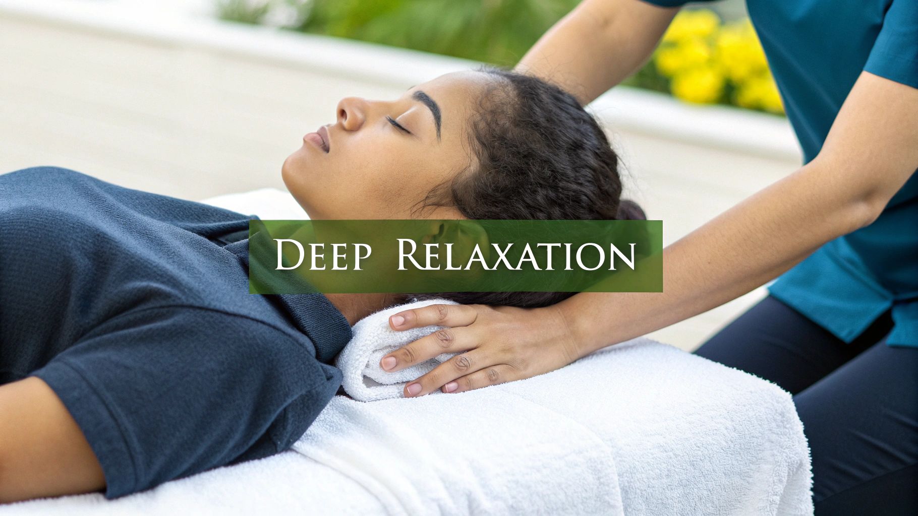A serene spa setting with massage oils and towels, illustrating the calm environment for a stress-reducing massage.