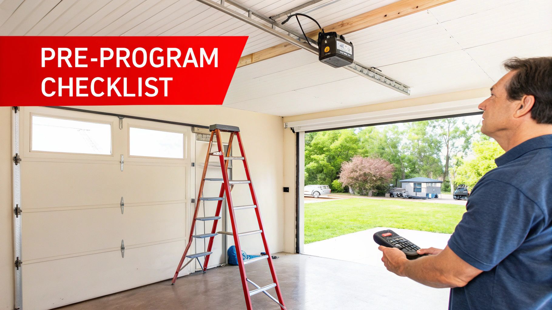 A person pointing a remote at a garage door opener motor unit.