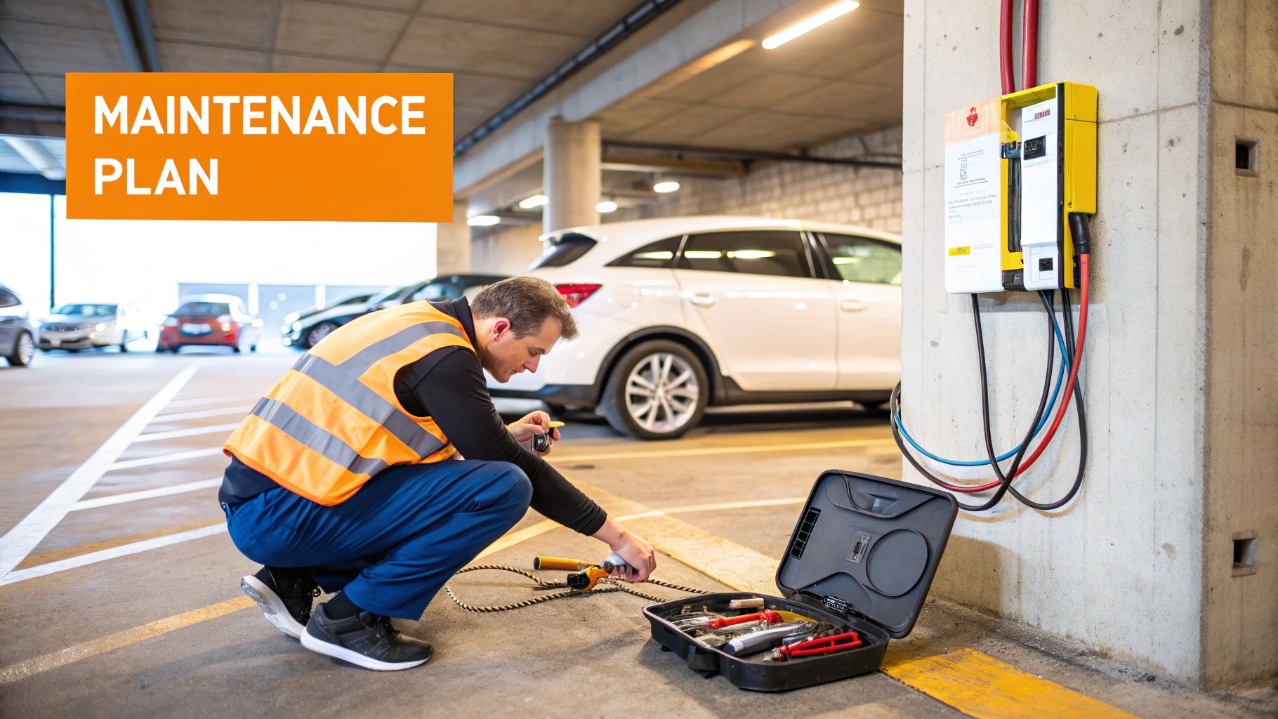 Technician installing a commercial EV charger in a parking lot.