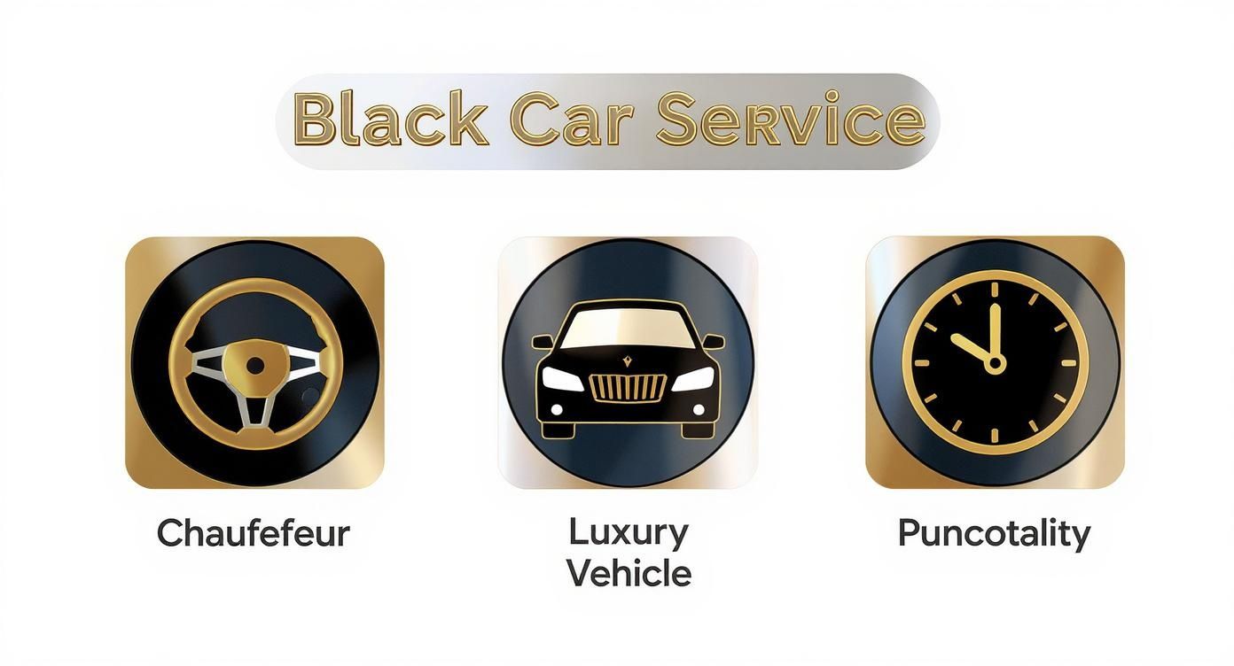 An infographic showing the key elements of black car service with icons for a professional chauffeur, a luxury vehicle, and guaranteed punctuality.